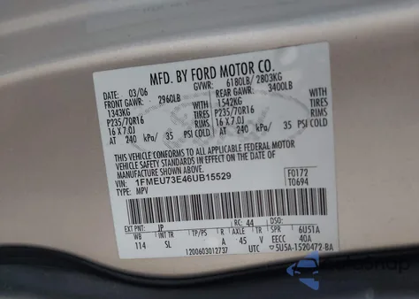 2006 Ford Explorer Xlt из США, поврежденный, VIN 1FMEU73E46UB15529